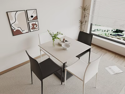 Modern Dining Table With Black And White Chairs Green Plant Wall Art And Window View 3d model
