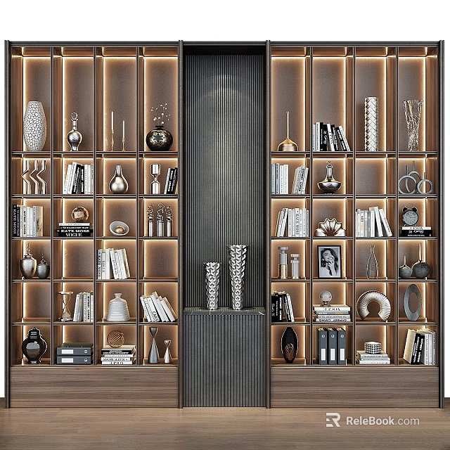 Modern Display Shelving Unit with Decorative Vases Books Sculptures and Illuminated Lighting 3d model 