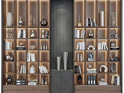 Modern Display Shelving Unit with Decorative Vases Books Sculptures and Illuminated Lighting 3d model