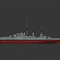 Detailed Warship Model With Gray Hull Red Bottom Twin Masts Smoke Stacks In Side View