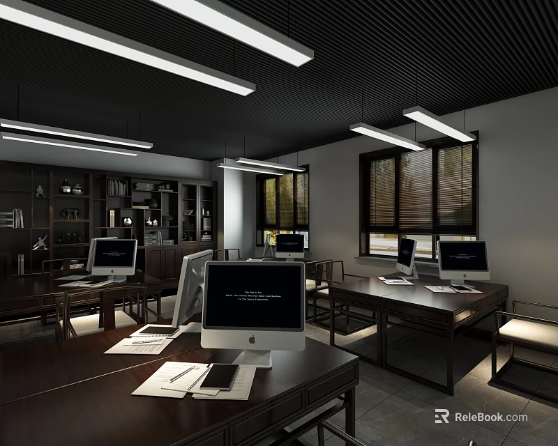 Modern Public Office Space With Desks Computers Bookshelves Windows And Ceiling Lighting 3d model