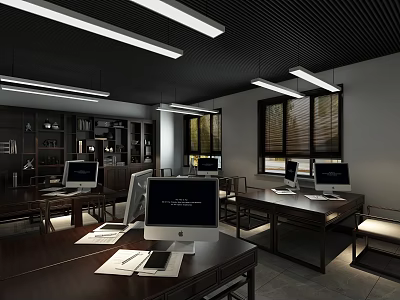 Modern Public Office Space With Desks Computers Bookshelves Windows And Ceiling Lighting 3d model