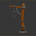 3D Model of Wooden Street Lamp With Orange Pole Metal Brackets and Yellow Lantern