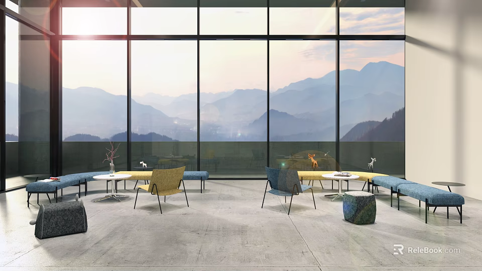 Modern Lounge Area With Floor To Ceiling Windows Mountain Views And Comfortable Seating 3d model 