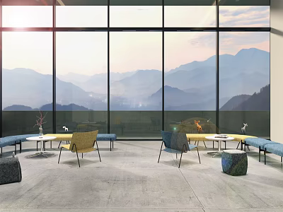 Modern Lounge Area With Floor To Ceiling Windows Mountain Views And Comfortable Seating 3d model