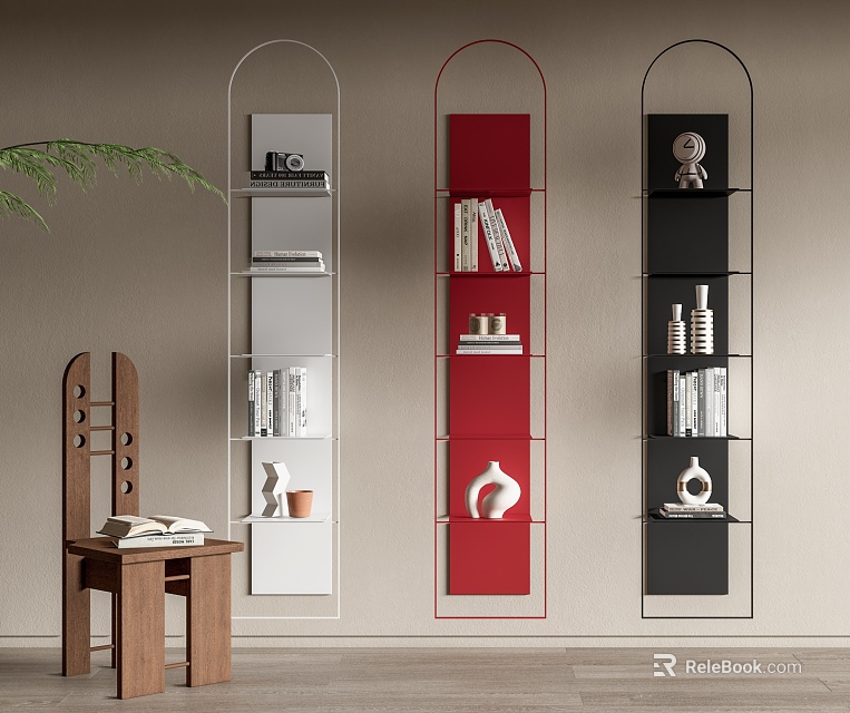 White Red Black Metal Frame Bookcase With Books Decorations And Wooden Side Table Green Plant 3d model 