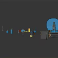Blue And Yellow Toy Weapons Including Spear Axe Cannon Scattered On Black Background