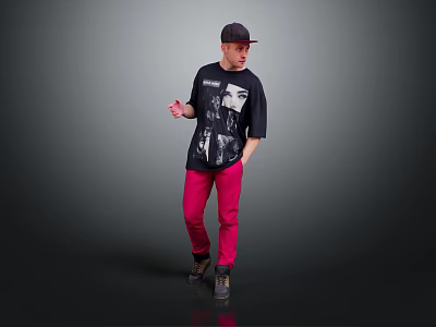 Man wearing cap black T-shirt with graphic print pink pants standing dark background 3d model