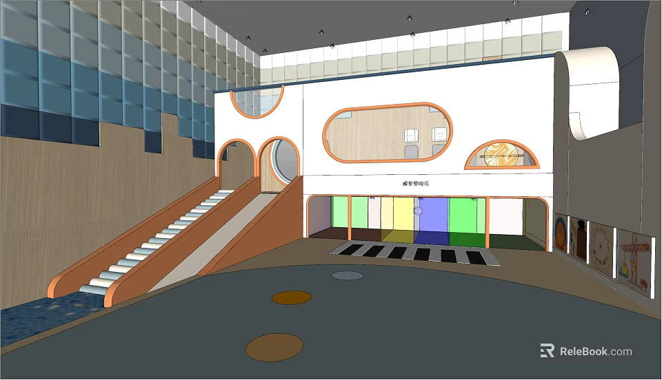 Kindergarten Interior With Colorful Windows Circular Design Slide Staircase And Open Space 3d model 