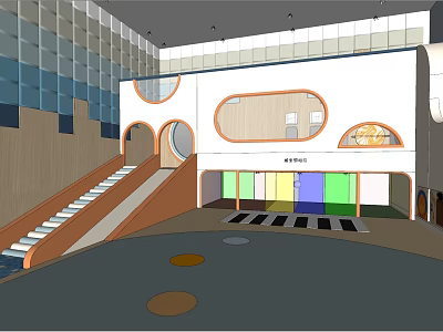 Kindergarten Interior With Colorful Windows Circular Design Slide Staircase And Open Space 3d model