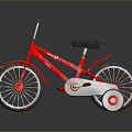 Red Children's Bicycle With Black Seat Training Wheels And White Wheel Rims