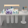 Modern White Cosmetics Display Shelf with Various Beauty Products and Brand Signage