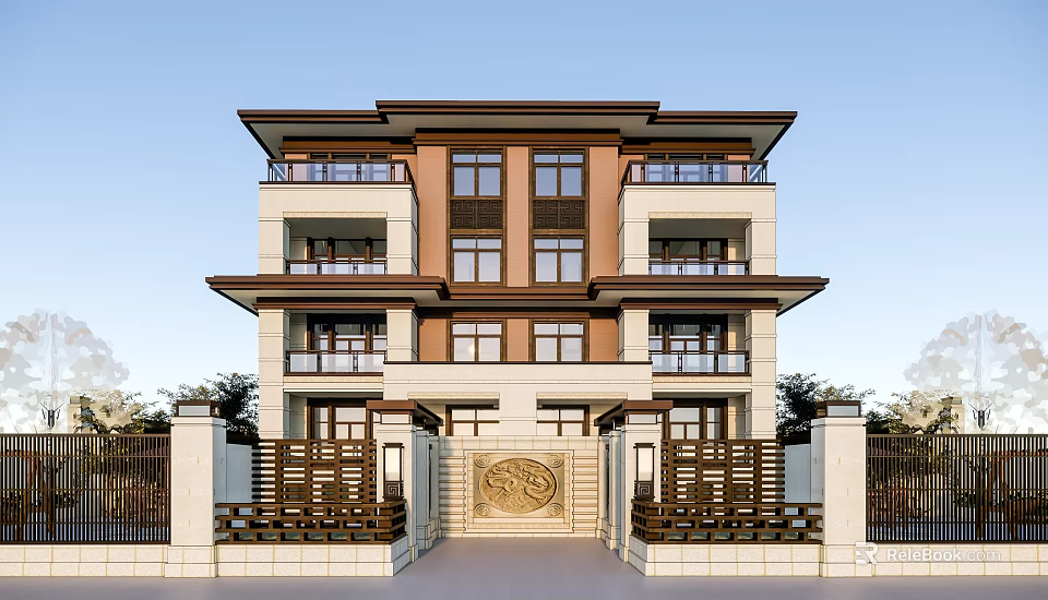 Traditional Chinese Semi Detached Villa with Carved Gate and Multi Storey Courtyard Design 3d model 