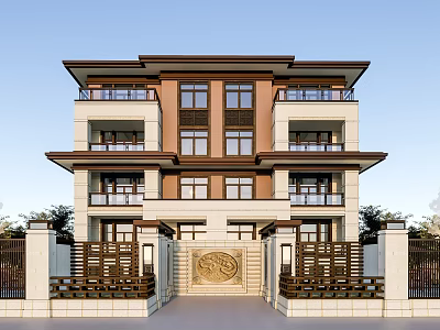 Traditional Chinese Semi Detached Villa with Carved Gate and Multi Storey Courtyard Design 3d model