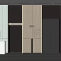 Modern Elevator Lobby with 8F Sign Wooden Panel and Metal Doors