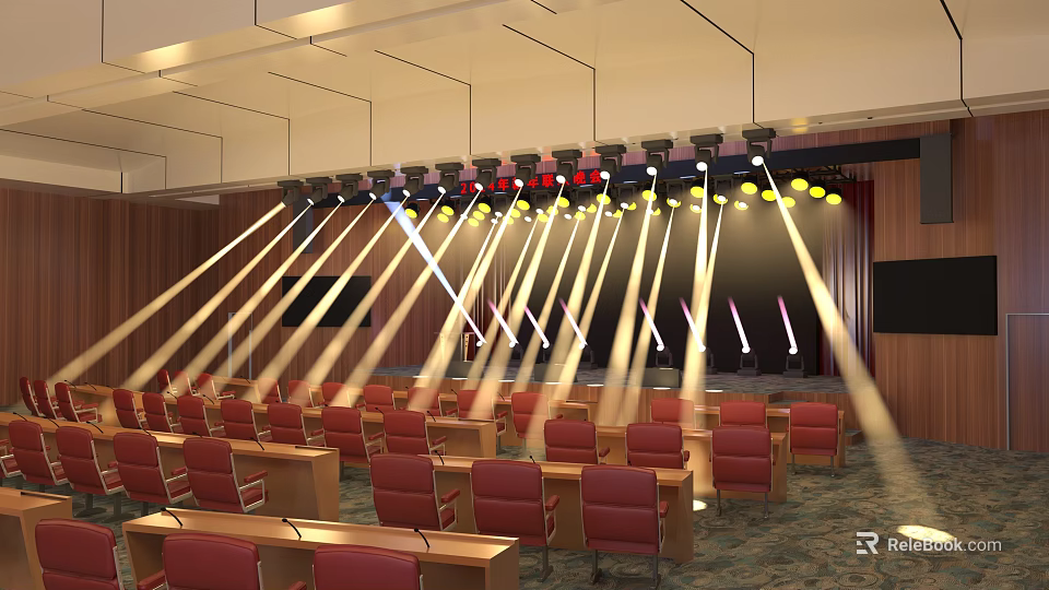 Conference Room Interior With Red Chairs Tables Overhead Lighting Shining On Stage And Screen 3d model 