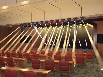 Conference Room Interior With Red Chairs Tables Overhead Lighting Shining On Stage And Screen 3d model