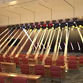 Conference Room Interior With Red Chairs Tables Overhead Lighting Shining On Stage And Screen
