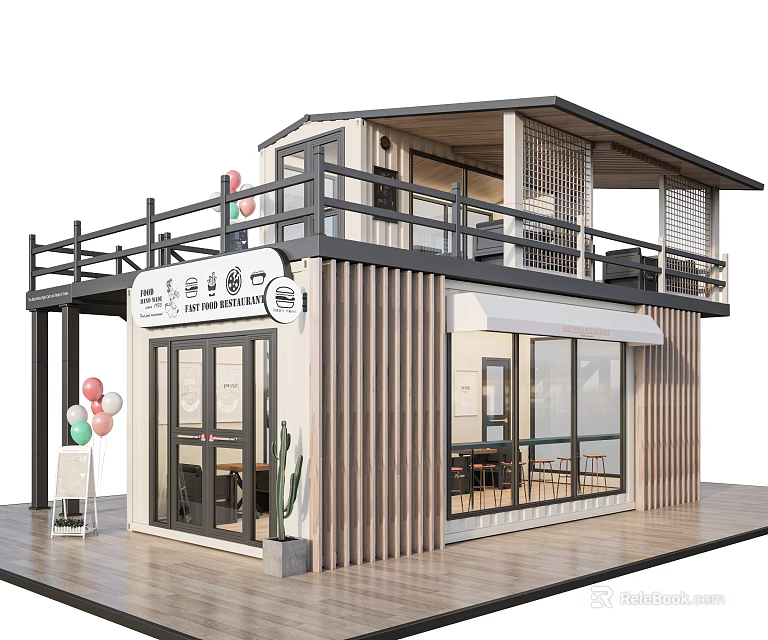 Modern Two Story Container Building Cafe With Balcony Glass Windows And Decorations 3d model 