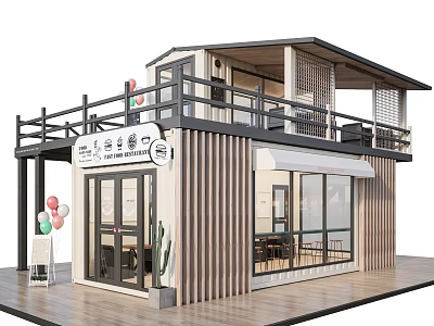 Modern Two Story Container Building Cafe With Balcony Glass Windows And Decorations 3d model