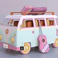 Turquoise And Pink Retro Styled Van With Orange Roof Rack Suitcases And Acoustic Guitar