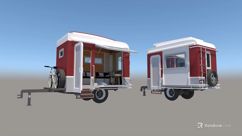 Two Red White Camper Trailers with Open Door Bicycle and Interior Seating 3d model