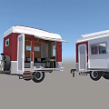 Two Red White Camper Trailers with Open Door Bicycle and Interior Seating 3d model