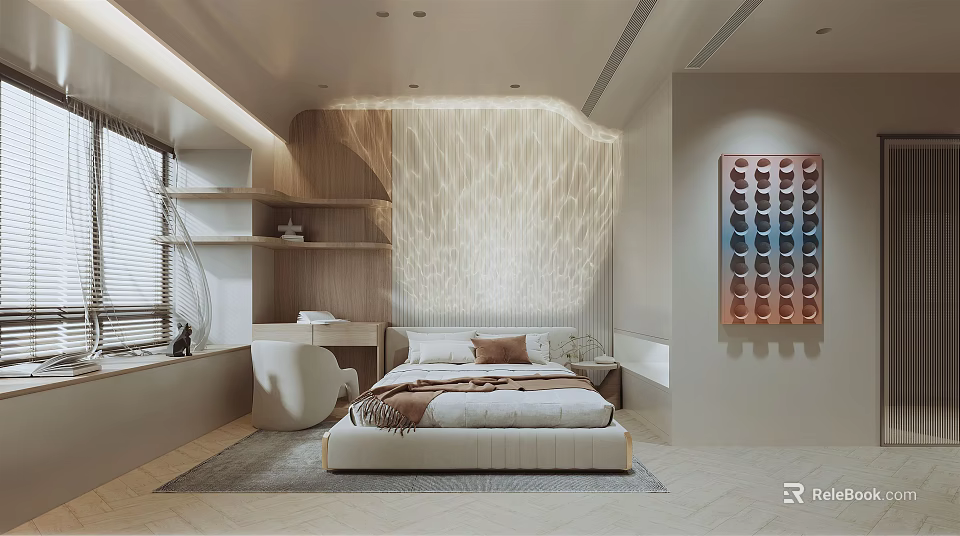 Modern Bedroom Interior With Wooden Textured Wall King Size Bed And Floating Shelves 3d model 