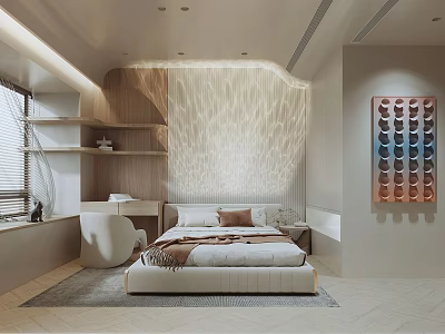 Modern Bedroom Interior With Wooden Textured Wall King Size Bed And Floating Shelves 3d model