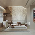 Modern Bedroom Interior With Wooden Textured Wall King Size Bed And Floating Shelves