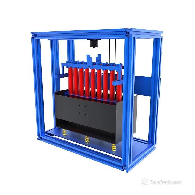 Blue Framed Mechanical Device With Red Cylinders Black Base And Golden Supports 3d model 