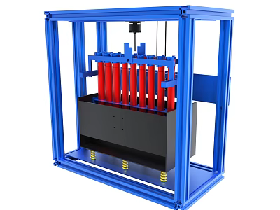 Blue Framed Mechanical Device With Red Cylinders Black Base And Golden Supports 3d model