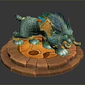 Mythical Blue Spotted Creature with Ornamental Gear Standing on Orange Circular Stone Platform