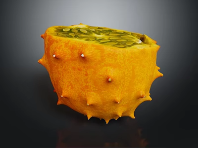 Fresh Halved Kiwano Fruit With Orange Spiky Skin And Green Seeds 3d model