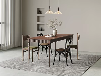 Modern Dining Room With Wooden Table Chairs Pendant Lights And Vase 3d model