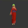 Woman In Red Kimono With Blue Obi And White Patterns On Gray Background