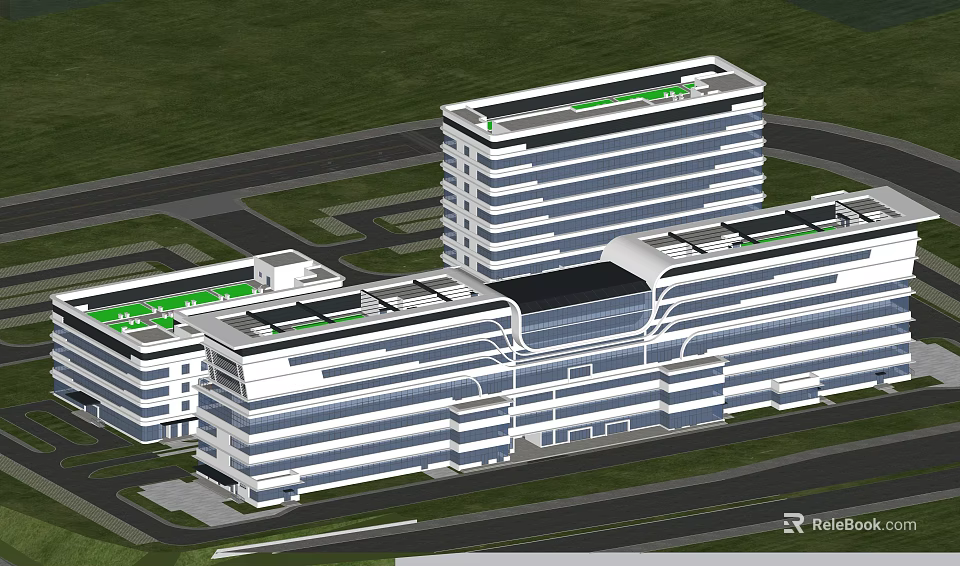 Modern Multi Storey Building Complex With White Exterior Green Roofs And Surrounding Roads 3d model 