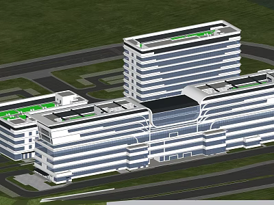 Modern Multi Storey Building Complex With White Exterior Green Roofs And Surrounding Roads 3d model