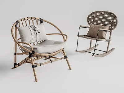 Rattan Outdoor Chairs with Cushions Including Armchair and Rocking Chair Design 3d model