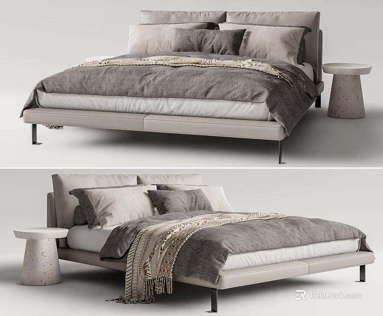 Modern Upholstered Double Bed With Linen Bedding Decorative Throw And Concrete Side Table 3d model