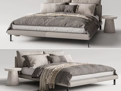 Modern Upholstered Double Bed With Linen Bedding Decorative Throw And Concrete Side Table 3d model