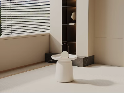 Minimalist White Side Table In Interior With Window Blinds And Shelf 3d model
