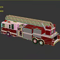 Red Fire Truck With Extended Ladder And Green Windows On Reflective Surface