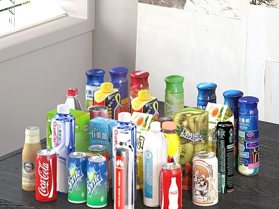 Assorted Colorful Beverages in Bottles and Cans Displayed Together 3d model