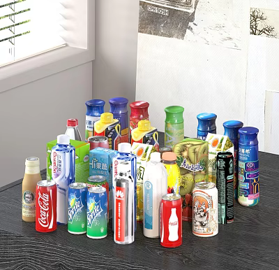 Assorted Colorful Beverages in Bottles and Cans Displayed Together 3d model