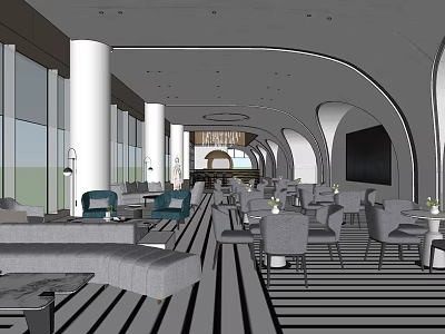 Modern Lounge Area Interior Design With Large Windows White Columns And Striped Flooring 3d model