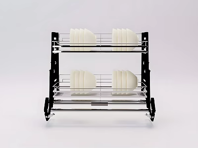 Black Two Tier Kitchen Dish Rack Holding White Plates And Bowls 3d model