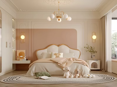 Cream Colored Bedroom Interior With Ornate Headboard Chandelier Wall Sconces And Stuffed Toys 3d model
