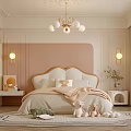 Cream Colored Bedroom Interior With Ornate Headboard Chandelier Wall Sconces And Stuffed Toys