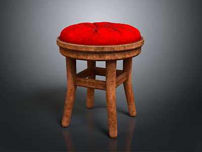 Comfortable Wooden Stool With Red Cushion And Sturdy Legs Design 3d model